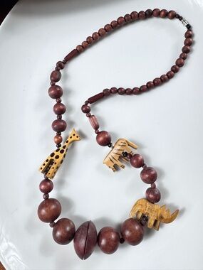 Vintage Handcrafted Brown Wooden Bead Necklace with Animal Pendants